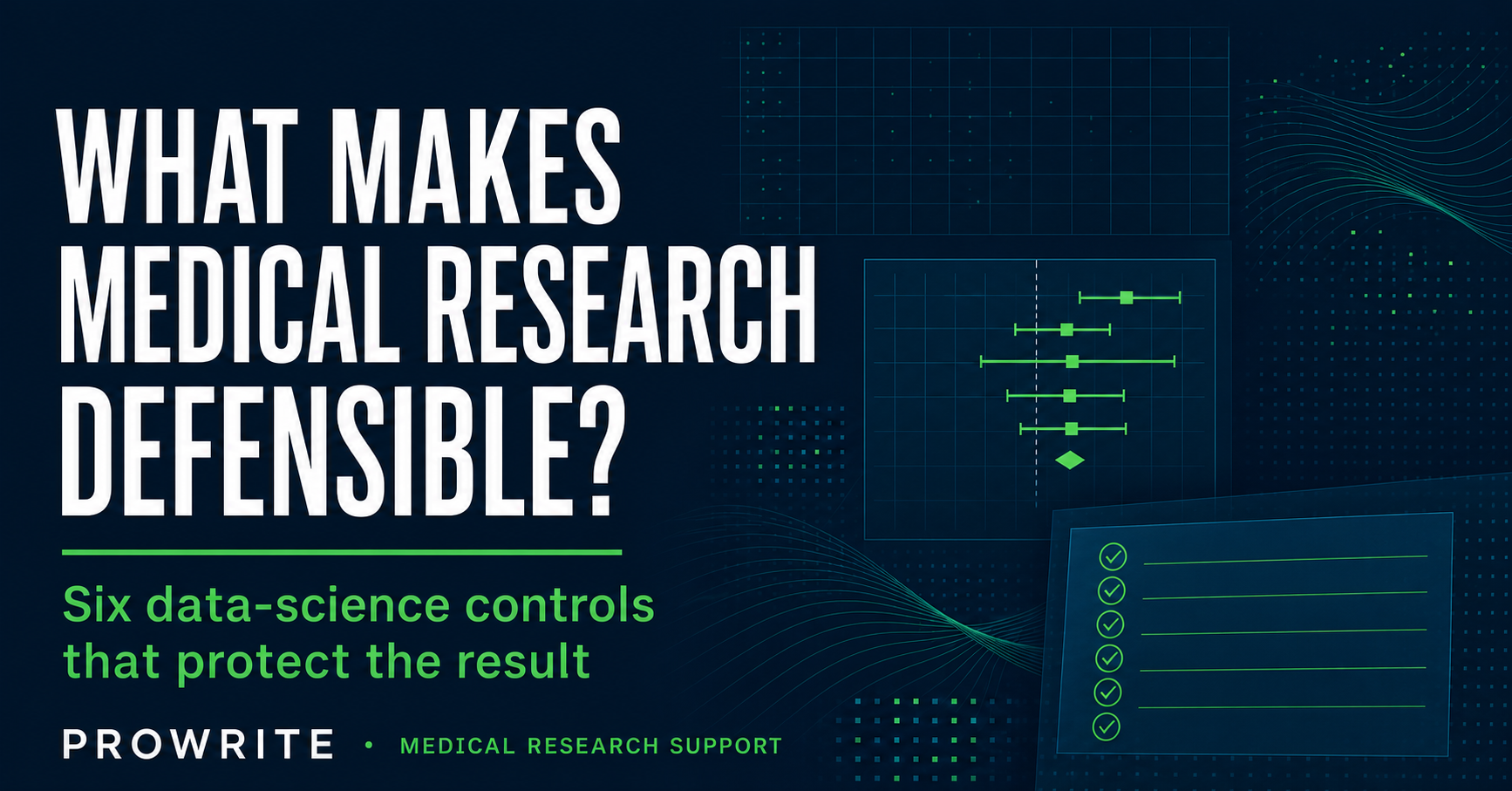 Editorial graphic illustrating reproducible medical research with data grids, confidence intervals, and quality-control checks