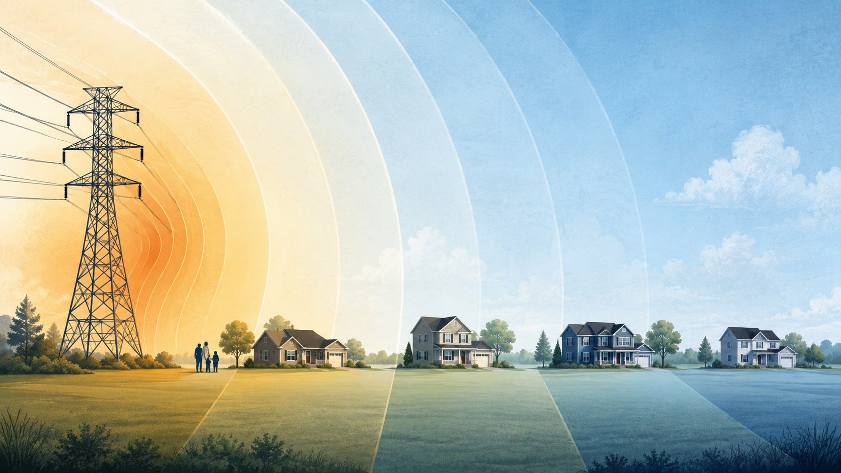 Homes at increasing distances from high-voltage power lines, illustrating the distance bands in a childhood leukemia study